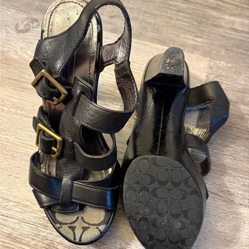 Coach Black Leather Buckle Heels